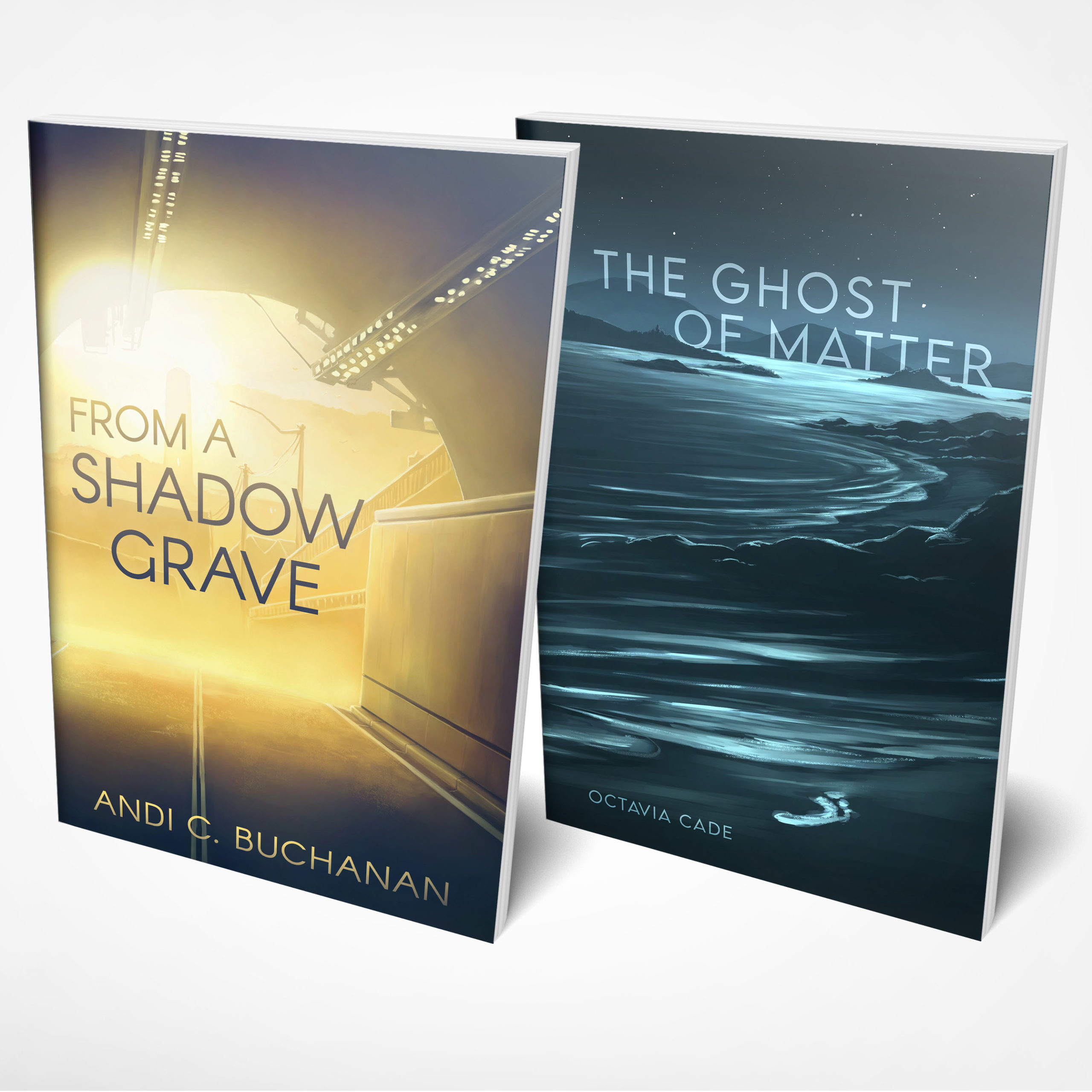 Image showing front covers of Andi C Buchanan's FROM A SHADOW GRAVE and Octavia Cade's THE GHOST OF MATTER